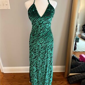 Green Zebra Print Halter Maxi Dress